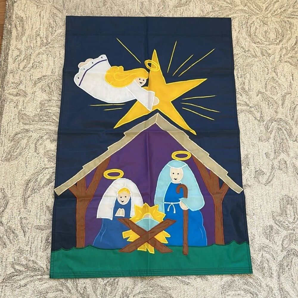 Set of 2‎ outdoor nylon Christmas holiday flags. Santa and Nativity scene.